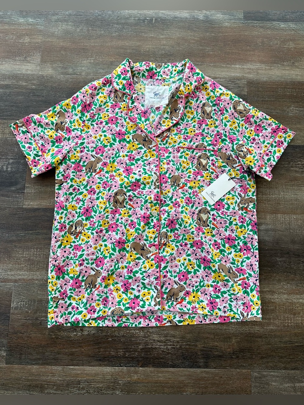 Printfresh Bunny Trail Spring Meadow Pajama Top Short Sleeve Size Medium NWT